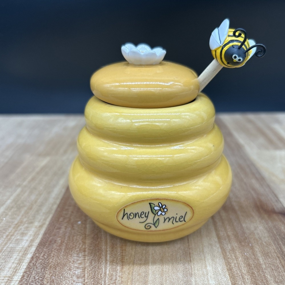 Ceramic Honey Miel Lidded Beehive Pot Jar Container w/Bumble Bee Honey Dipper